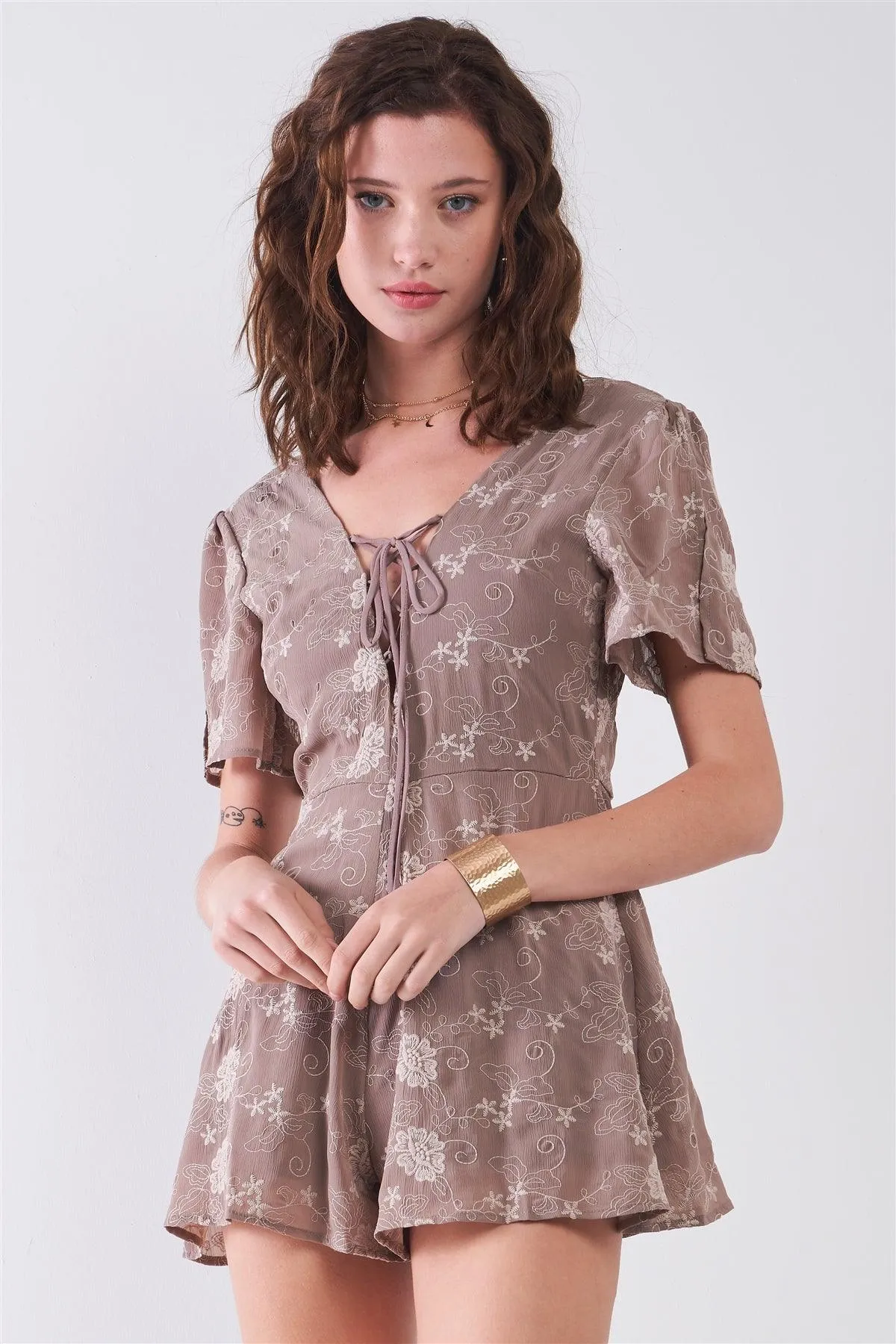 Taupe Floral Embroidery Lace-Up Front V-Neck & Back Slit Sleeve Detail Romper /2-2-2