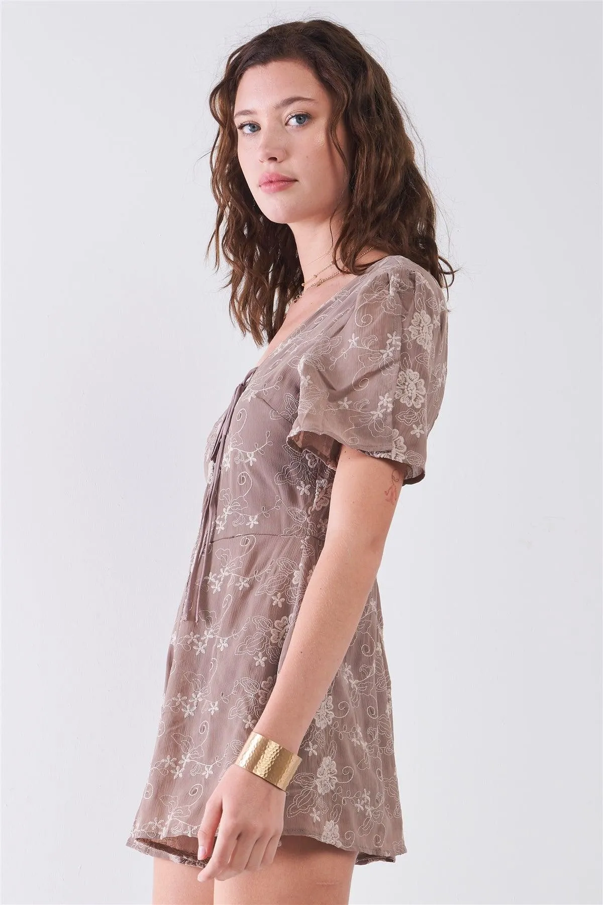 Taupe Floral Embroidery Lace-Up Front V-Neck & Back Slit Sleeve Detail Romper /2-2-2