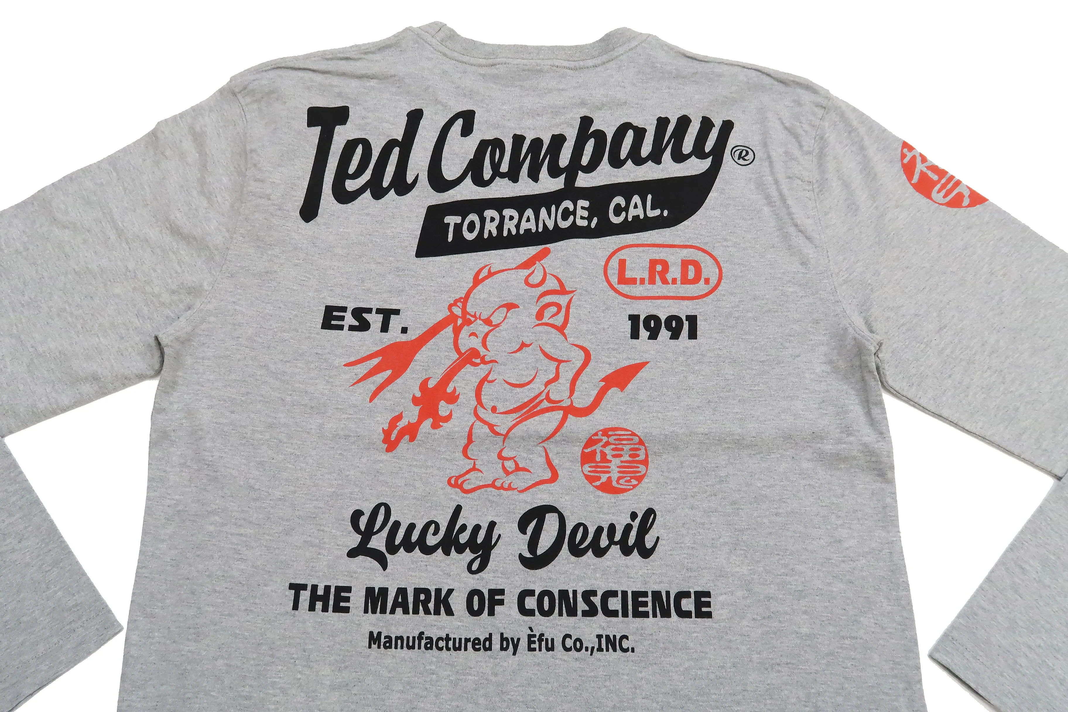 Tedman T-Shirt Men's Lucky Devil Logo Graphic Long Sleeve Tee Efu-Shokai TDLS-355 Ash-Gray