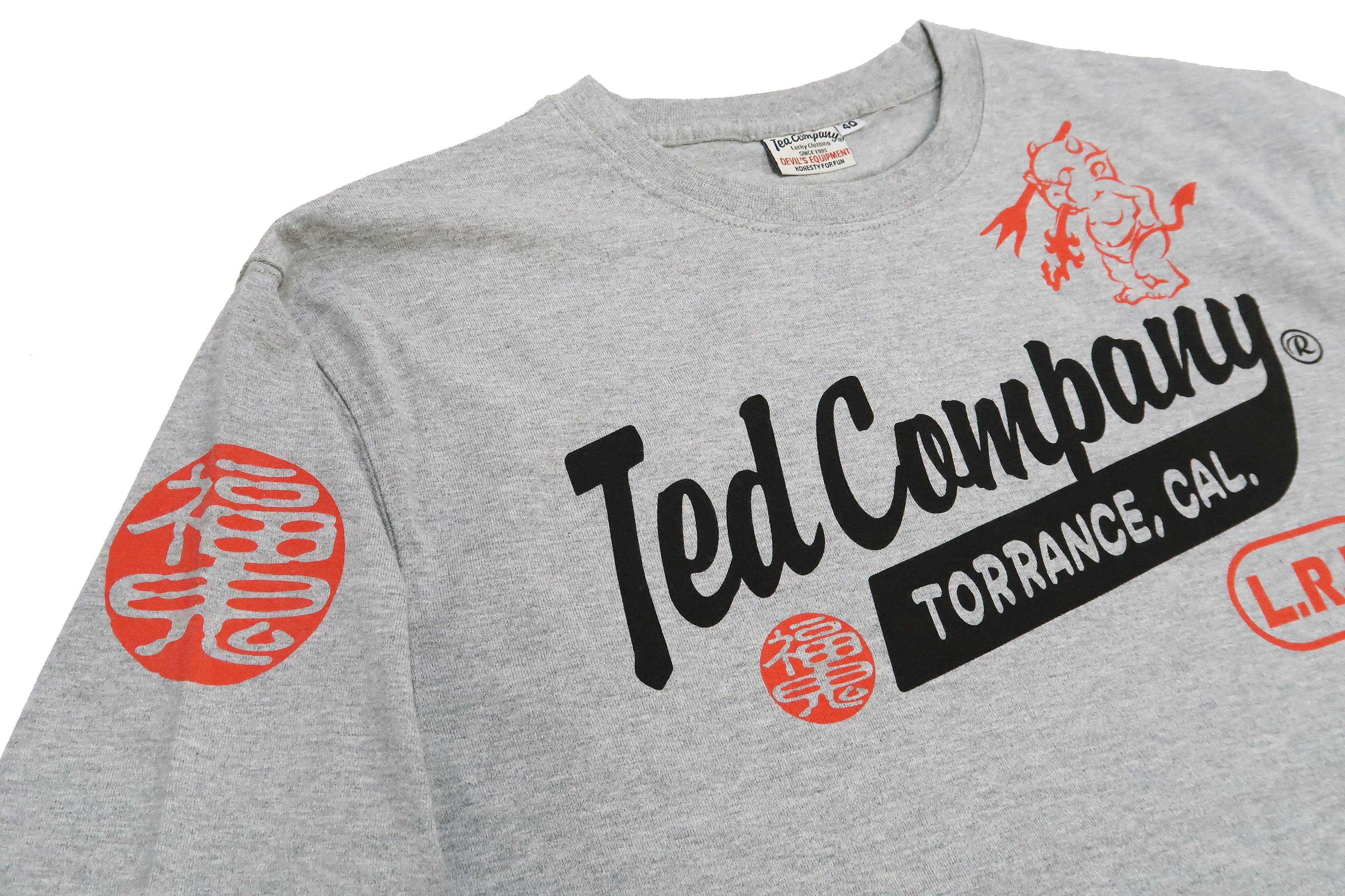 Tedman T-Shirt Men's Lucky Devil Logo Graphic Long Sleeve Tee Efu-Shokai TDLS-355 Ash-Gray