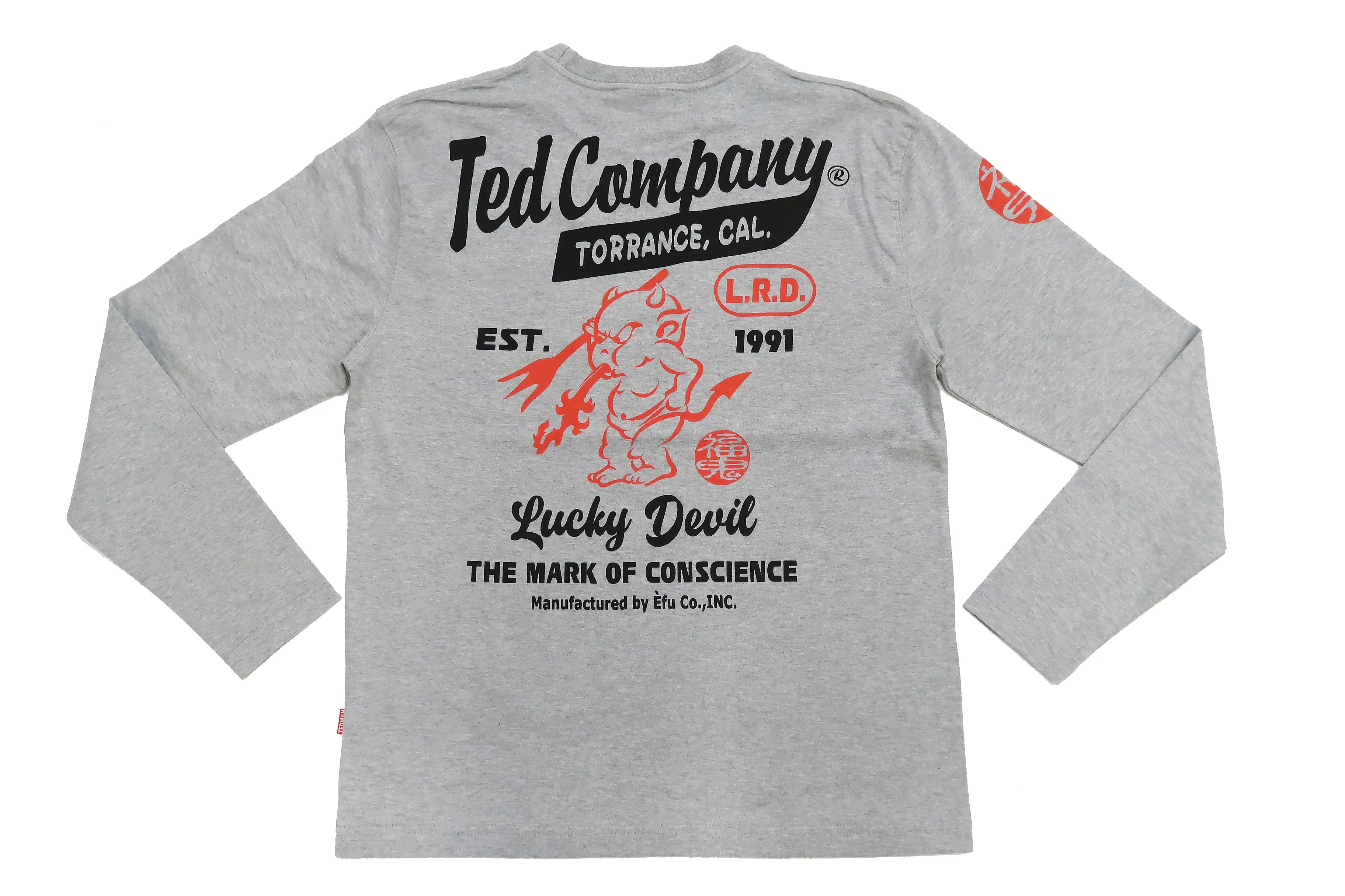 Tedman T-Shirt Men's Lucky Devil Logo Graphic Long Sleeve Tee Efu-Shokai TDLS-355 Ash-Gray