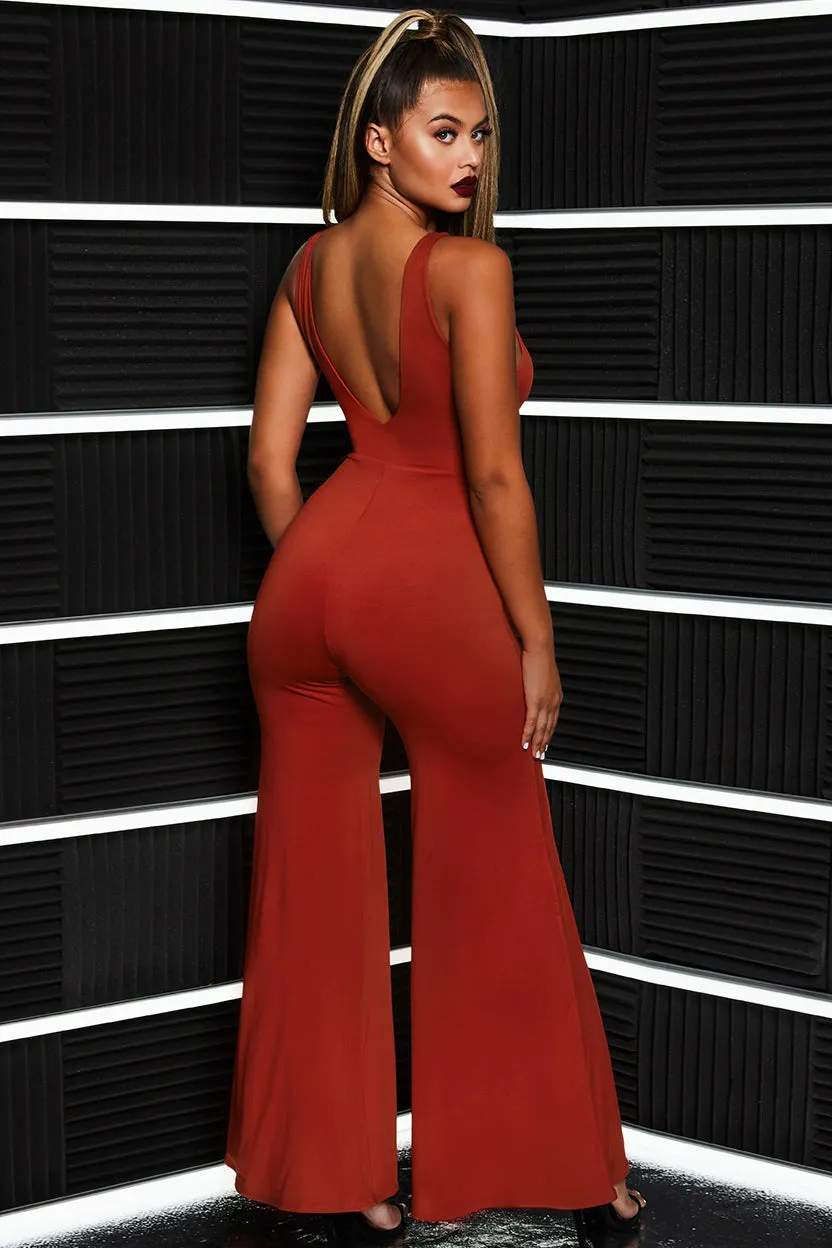 That Cuts Deep Twist Front Plunging Wide Leg Jumpsuit in Red