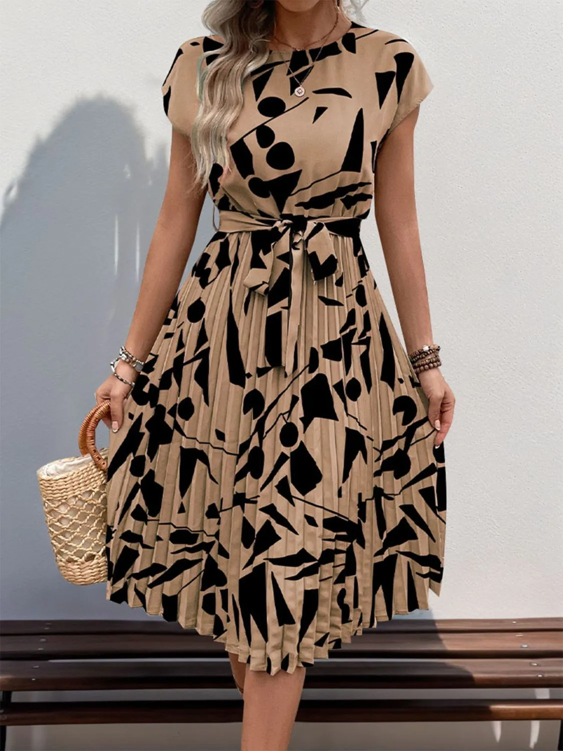 Tied Pleated Printed Cap Sleeve Dress