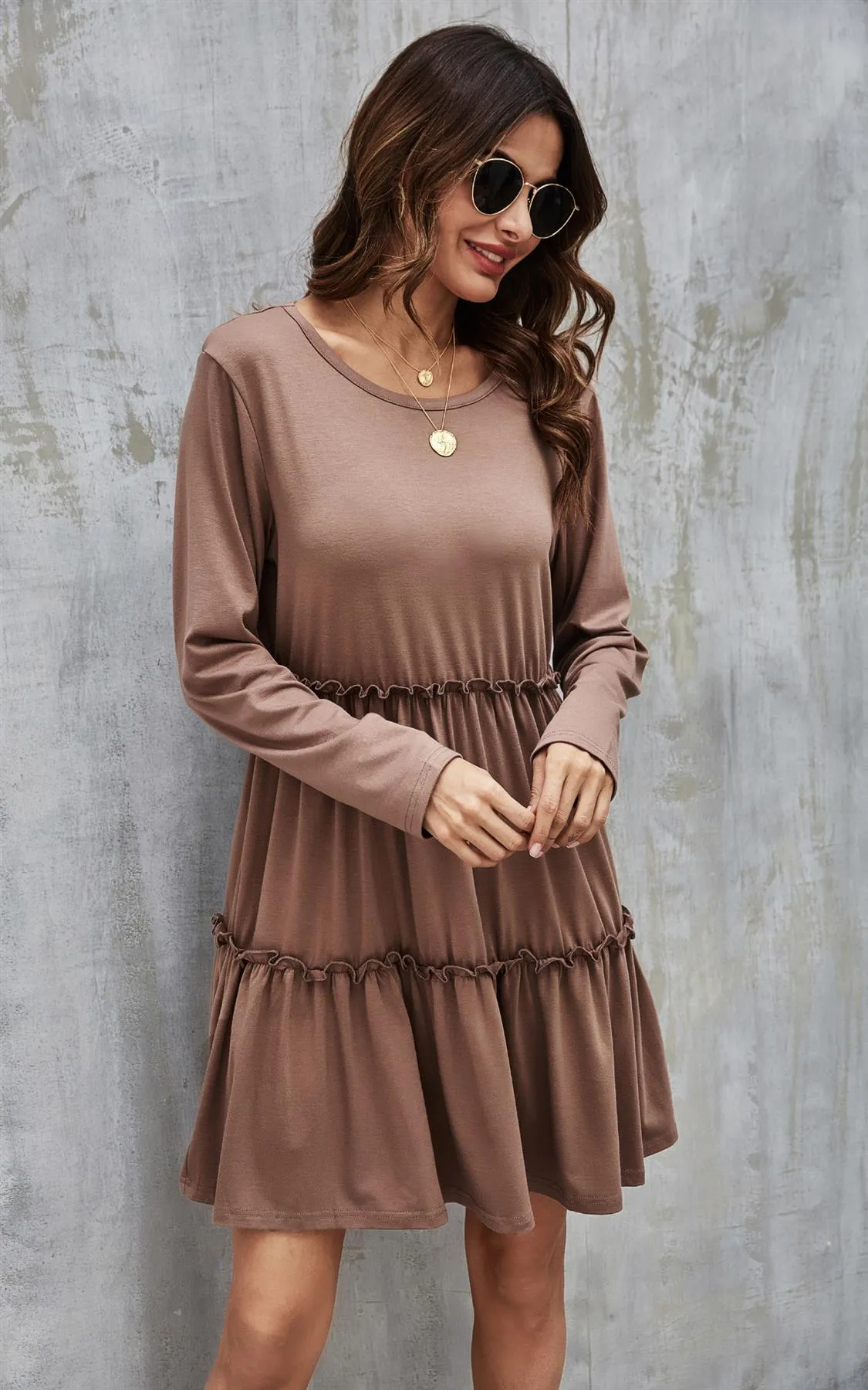 Tiered Long Sleeve Mini Dress In Beige