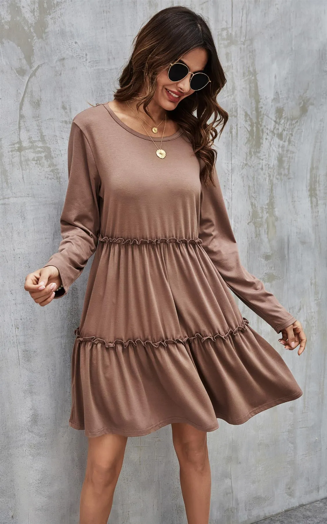 Tiered Long Sleeve Mini Dress In Beige