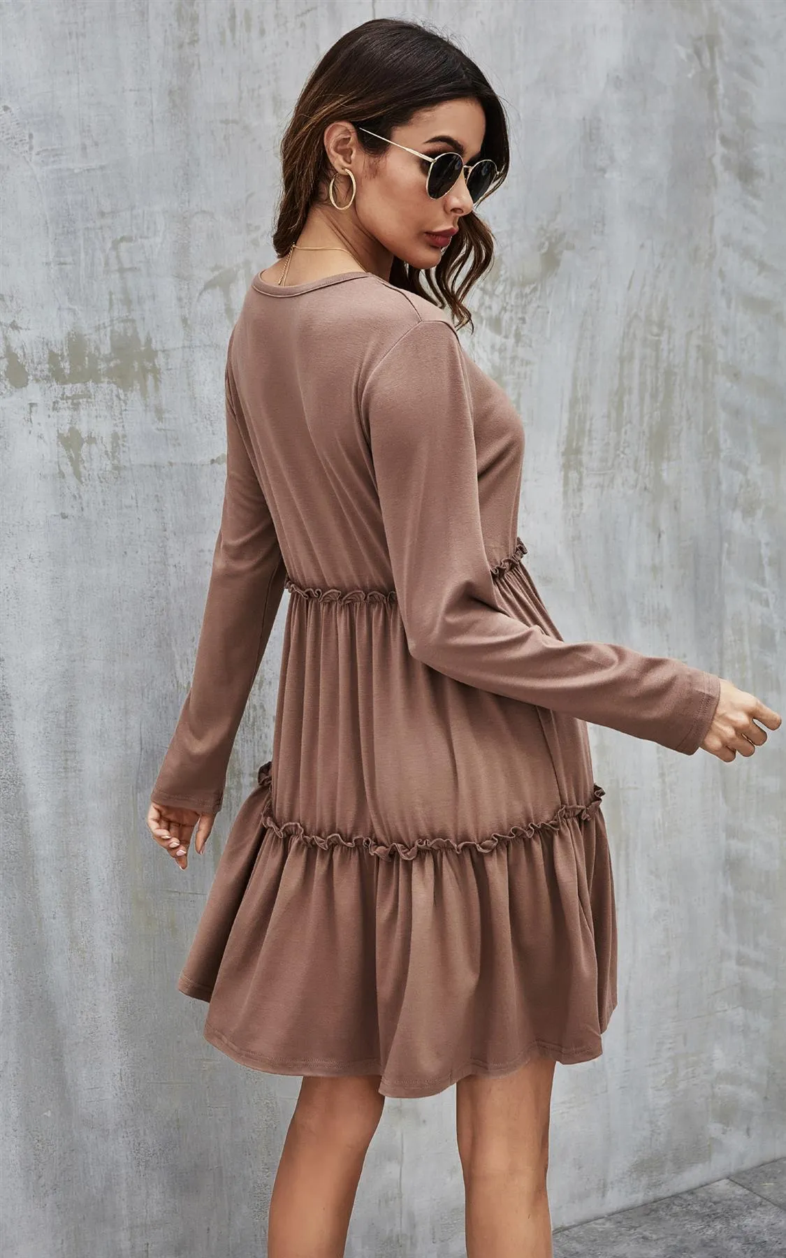 Tiered Long Sleeve Mini Dress In Beige