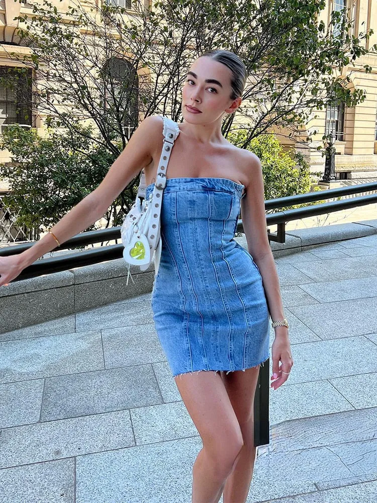 Toleet Bare-Shoulder Blue Denim Dress