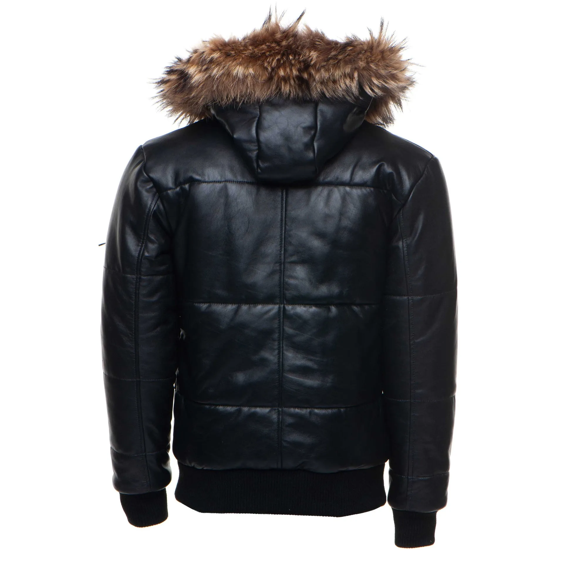 Traynor's Puffer Winter Leather Jacket with ribbed cuffs and waist and fur trim hoodie