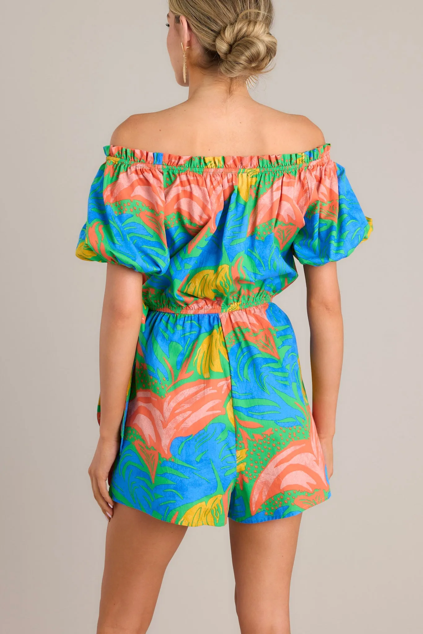 Tropicana Dream Green Tropical Print Off-The-Shoulder Romper