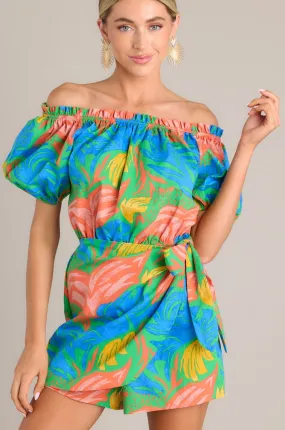 Tropicana Dream Green Tropical Print Off-The-Shoulder Romper