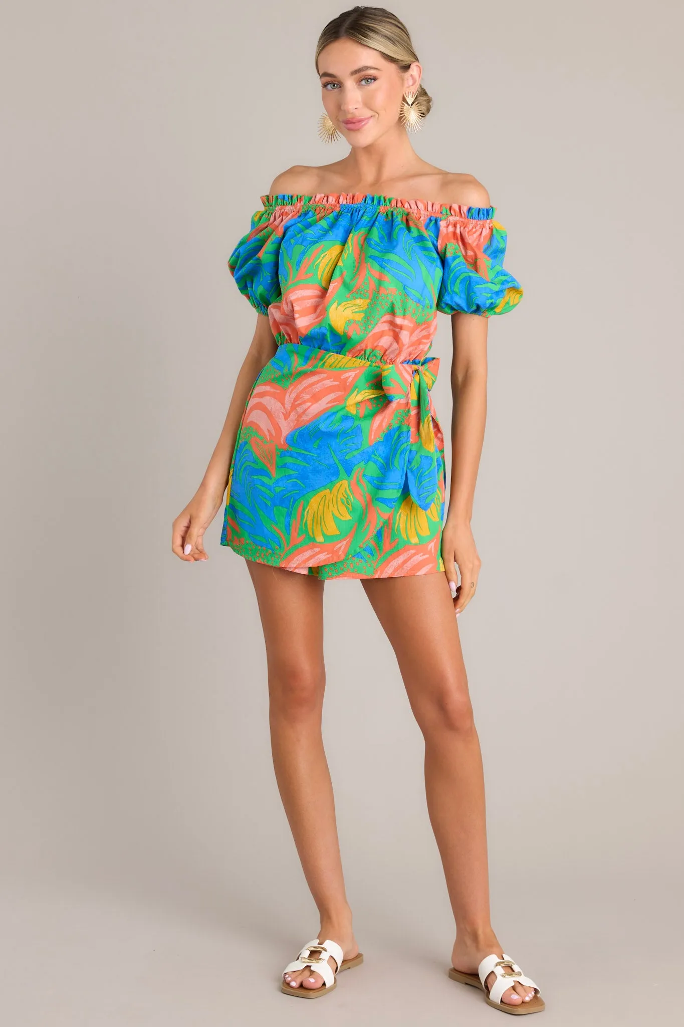 Tropicana Dream Green Tropical Print Off-The-Shoulder Romper