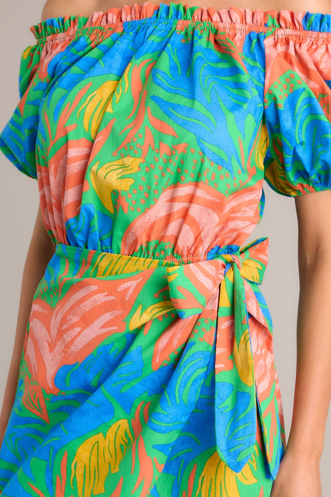 Tropicana Dream Green Tropical Print Off-The-Shoulder Romper