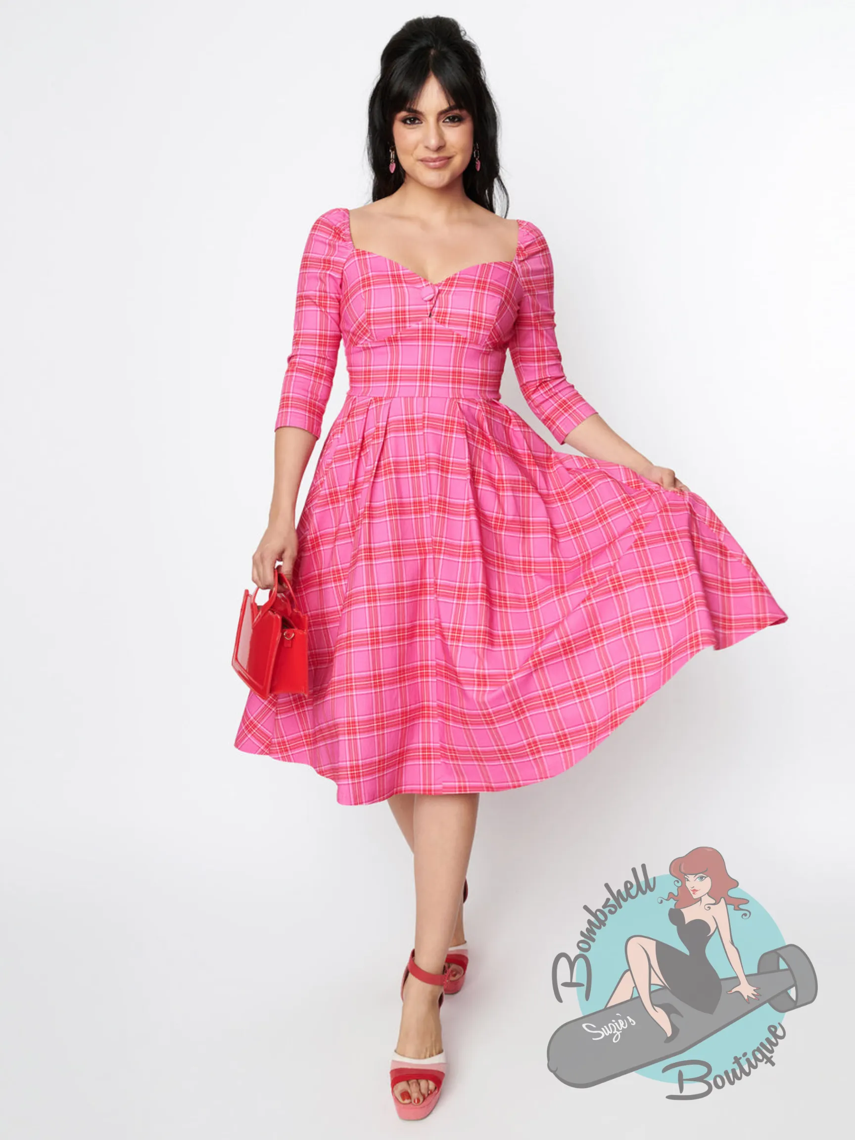 Unique Vintage Pink & Red Tartan Lamar Swing Dress