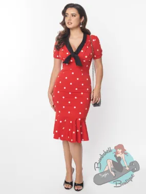 Unique Vintage Red Polka Dot Mermaid Wiggle Dress