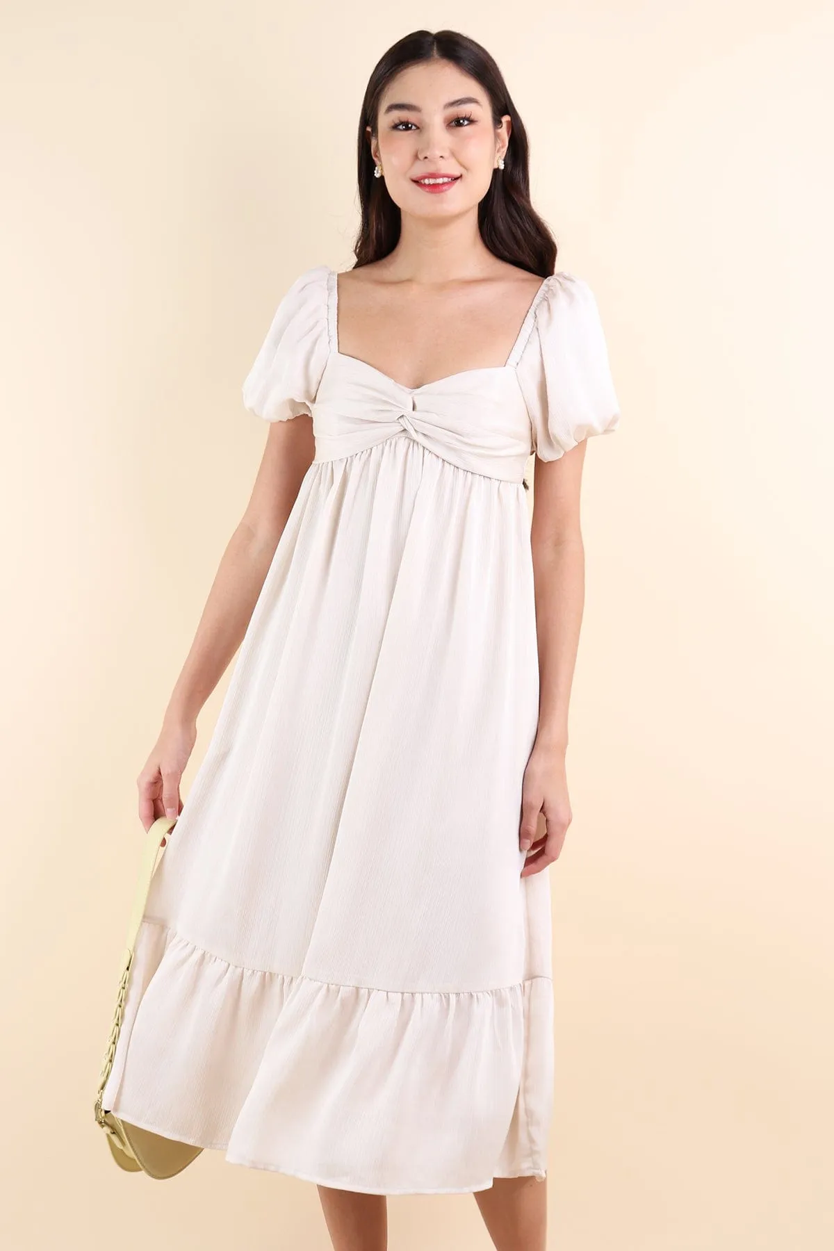 VALENTINA PUFF SLEEVE EMPIRE DRESS IN IVORY OAT