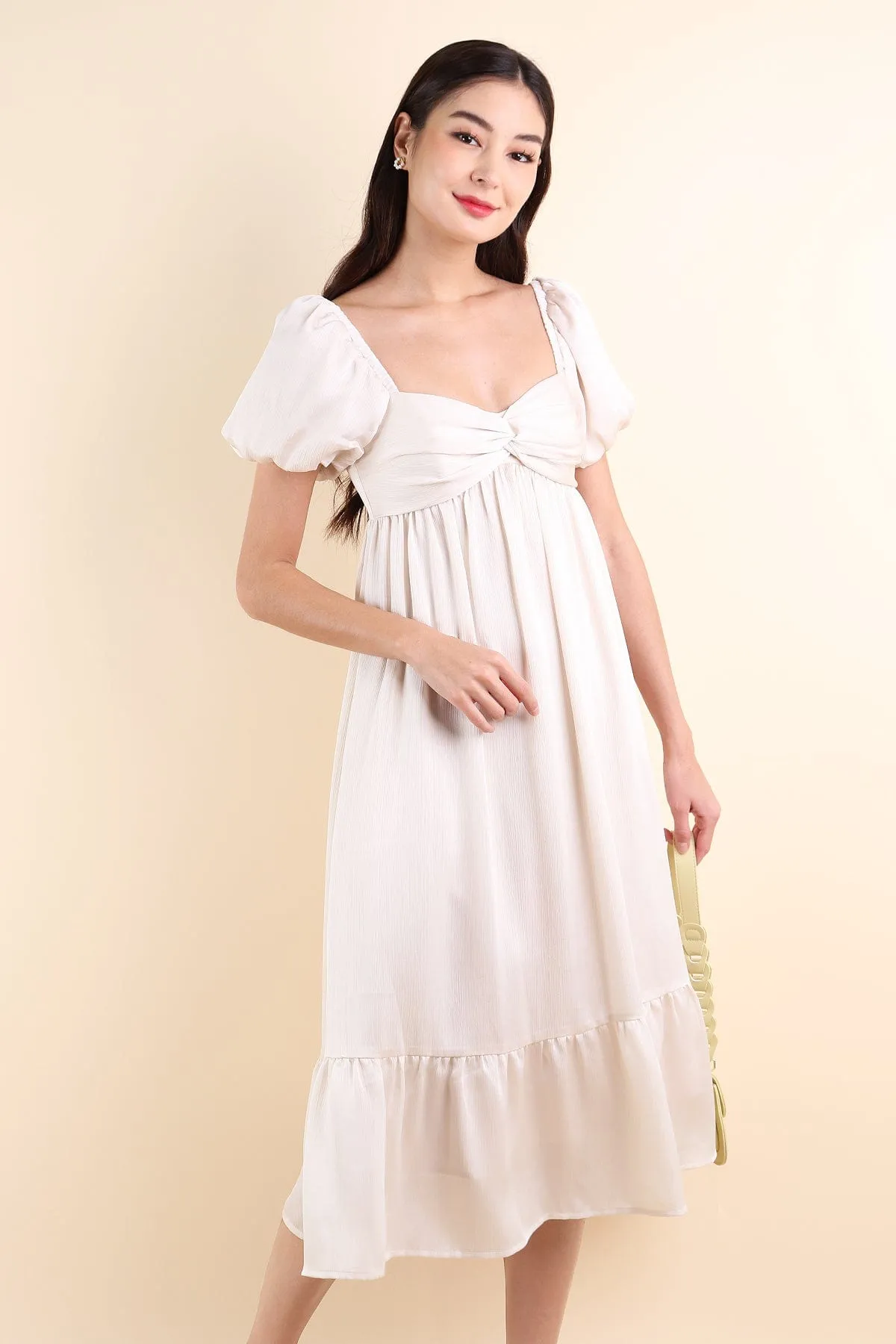 VALENTINA PUFF SLEEVE EMPIRE DRESS IN IVORY OAT