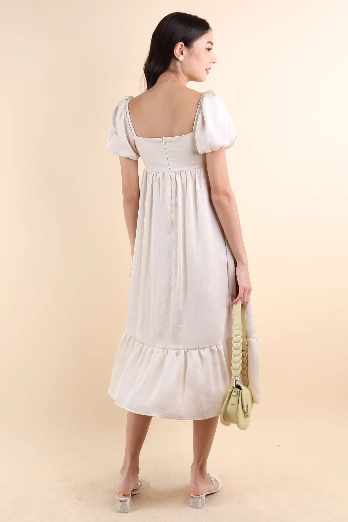 VALENTINA PUFF SLEEVE EMPIRE DRESS IN IVORY OAT