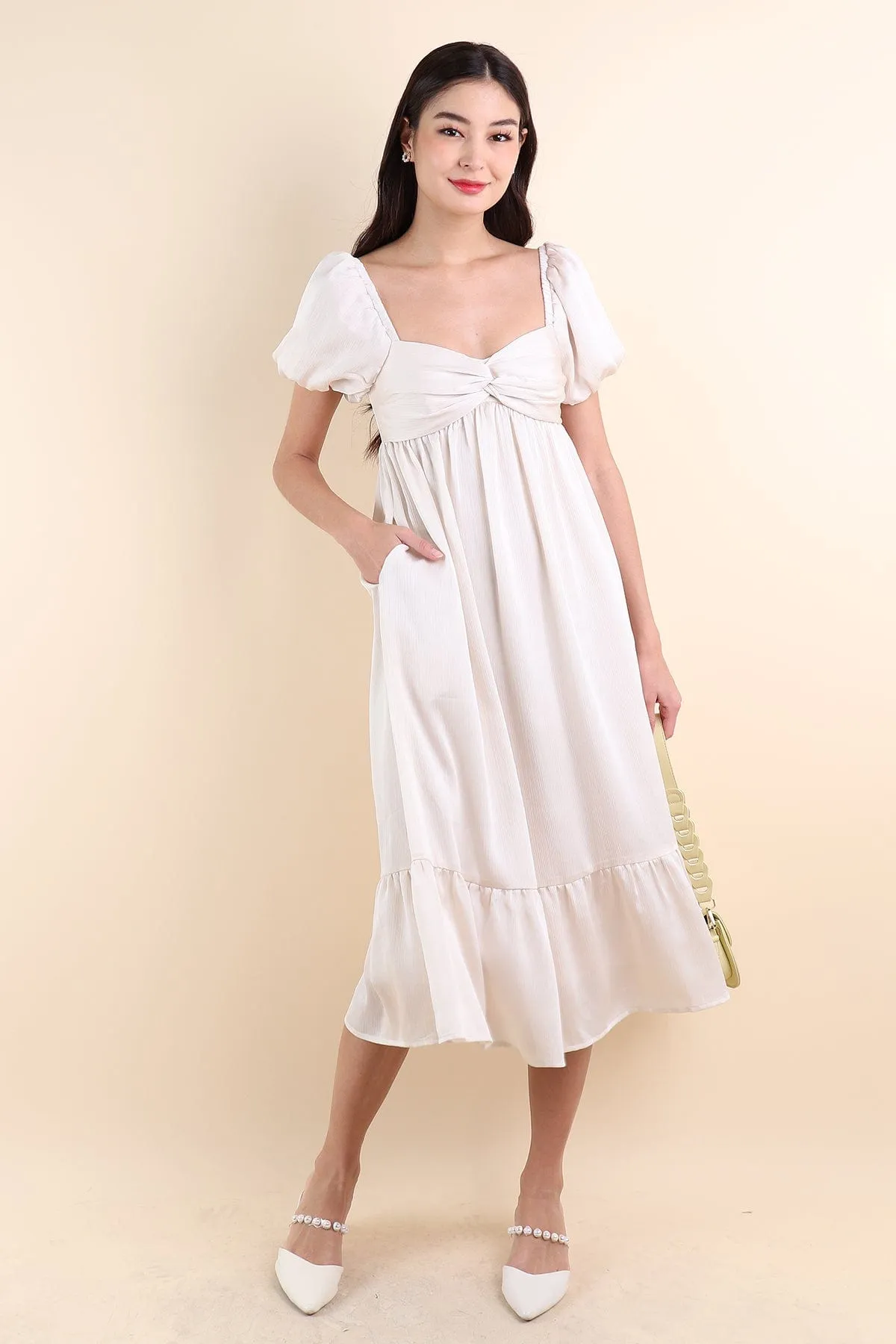 VALENTINA PUFF SLEEVE EMPIRE DRESS IN IVORY OAT