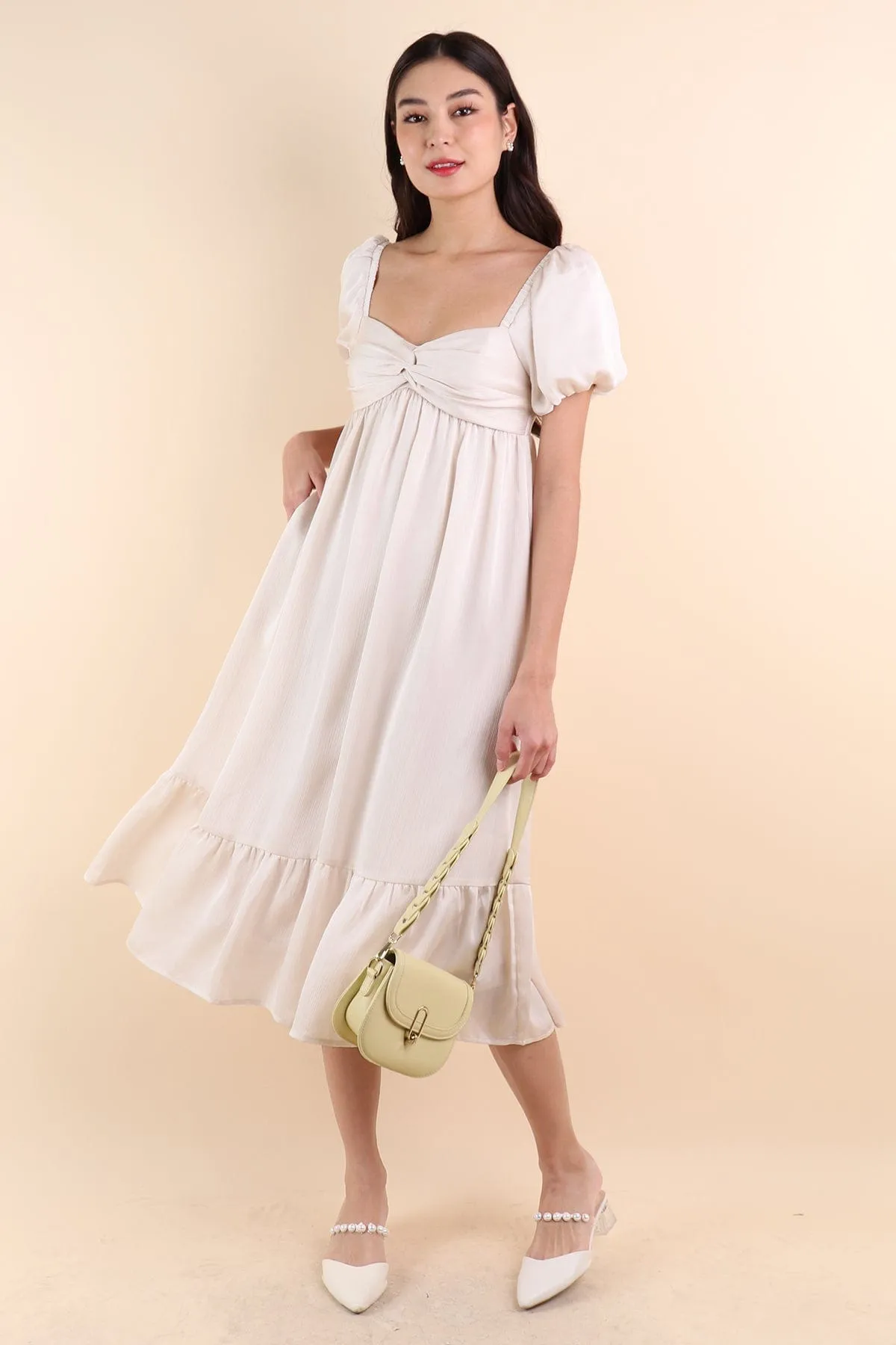 VALENTINA PUFF SLEEVE EMPIRE DRESS IN IVORY OAT