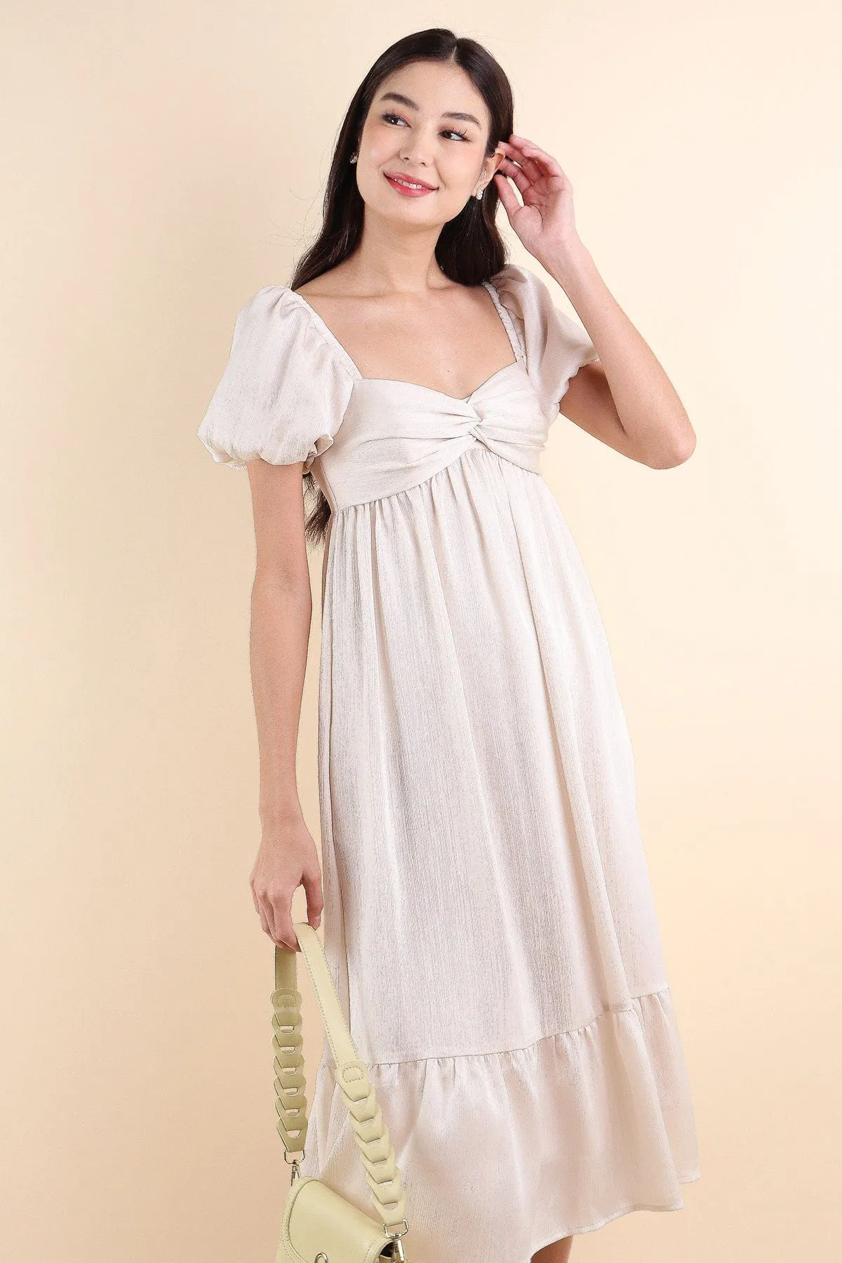 VALENTINA PUFF SLEEVE EMPIRE DRESS IN IVORY OAT