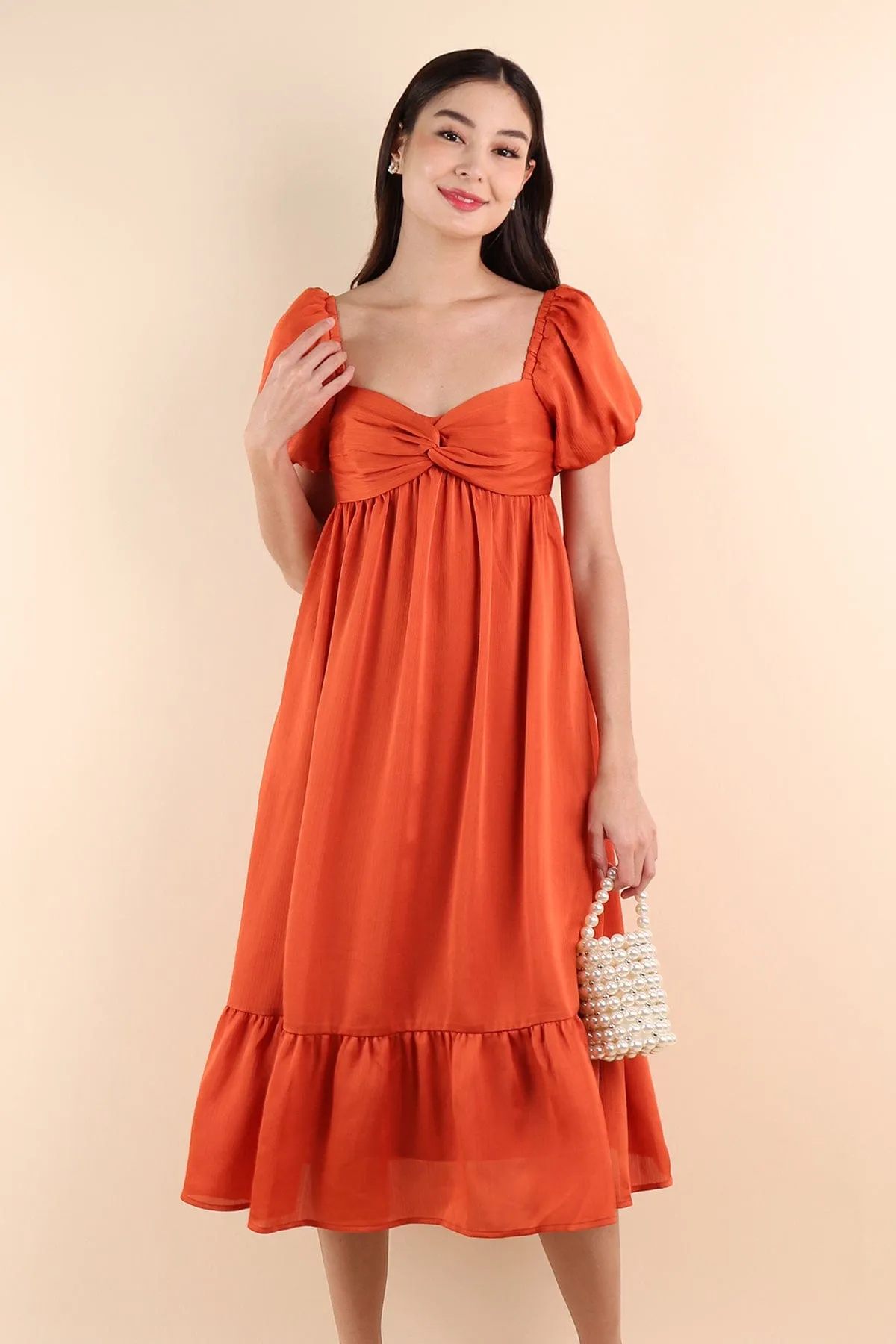 VALENTINA PUFF SLEEVE EMPIRE DRESS IN ORANGE