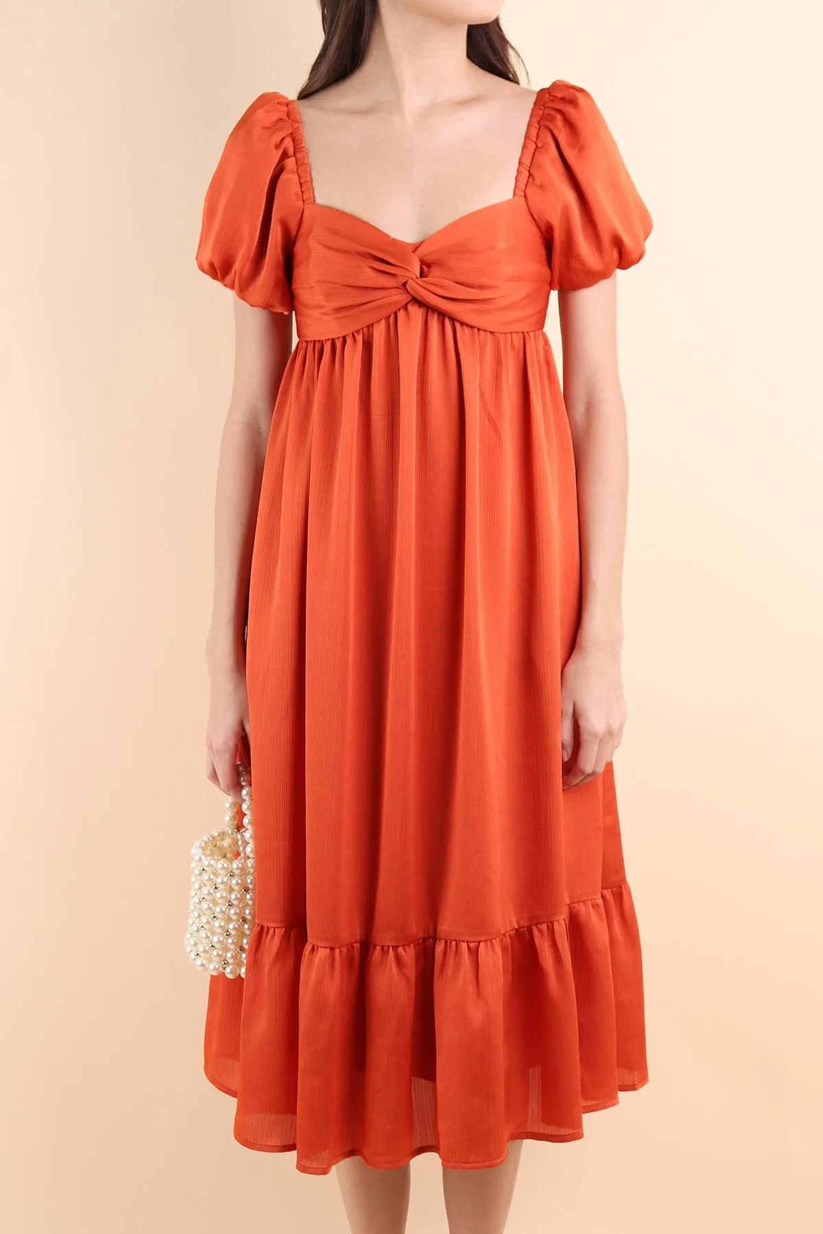 VALENTINA PUFF SLEEVE EMPIRE DRESS IN ORANGE