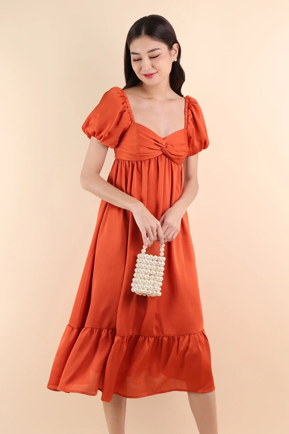 VALENTINA PUFF SLEEVE EMPIRE DRESS IN ORANGE