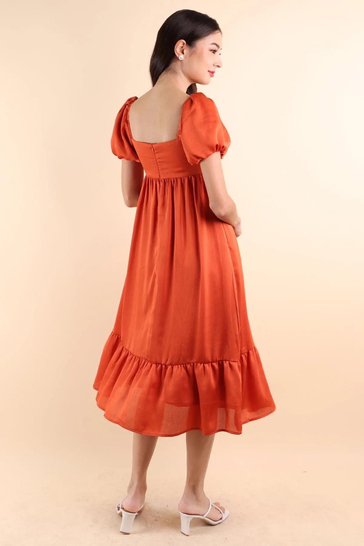 VALENTINA PUFF SLEEVE EMPIRE DRESS IN ORANGE