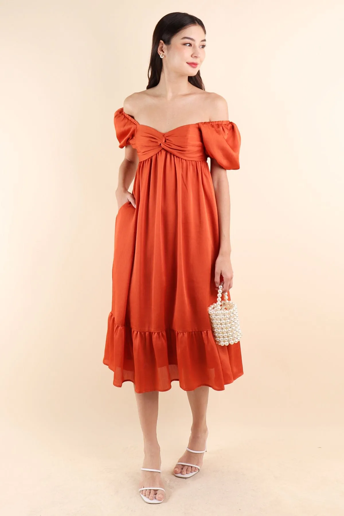 VALENTINA PUFF SLEEVE EMPIRE DRESS IN ORANGE