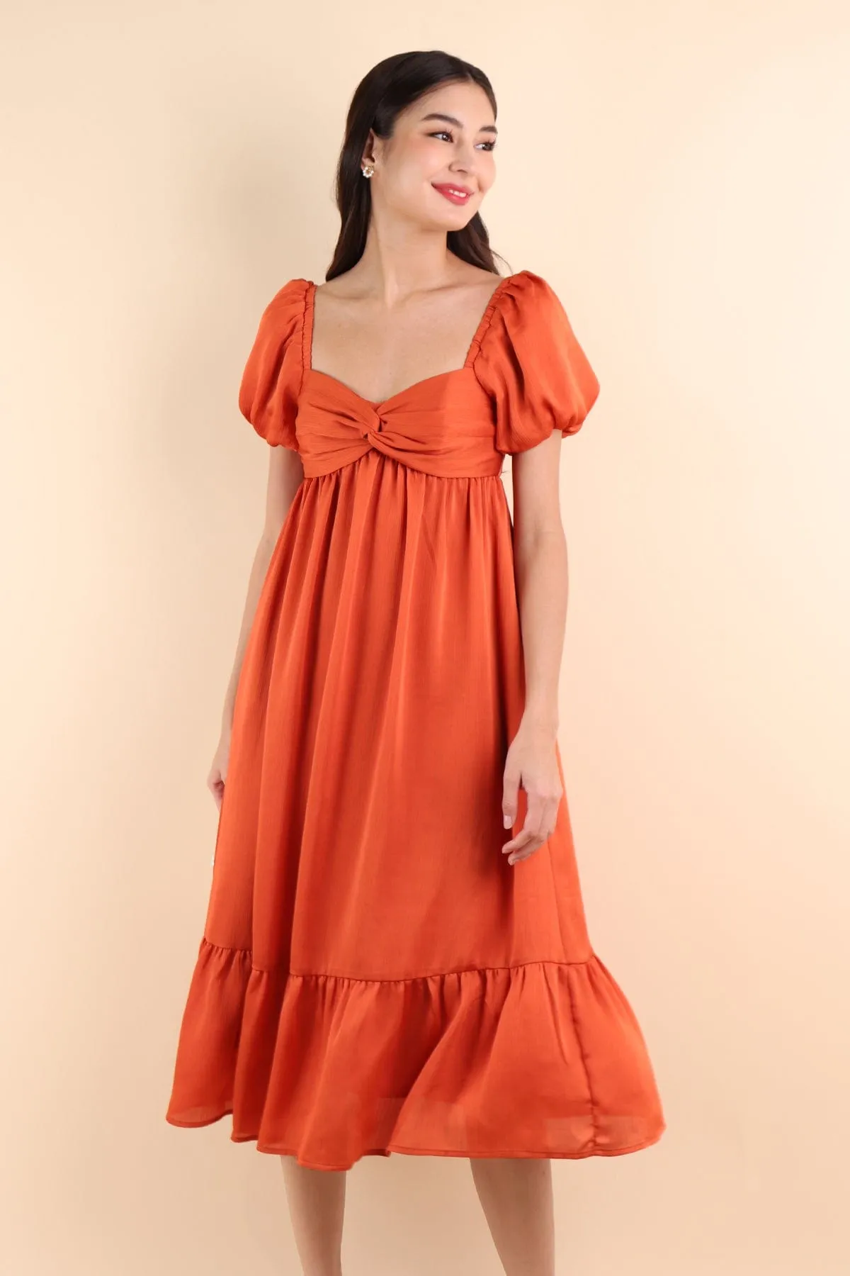 VALENTINA PUFF SLEEVE EMPIRE DRESS IN ORANGE