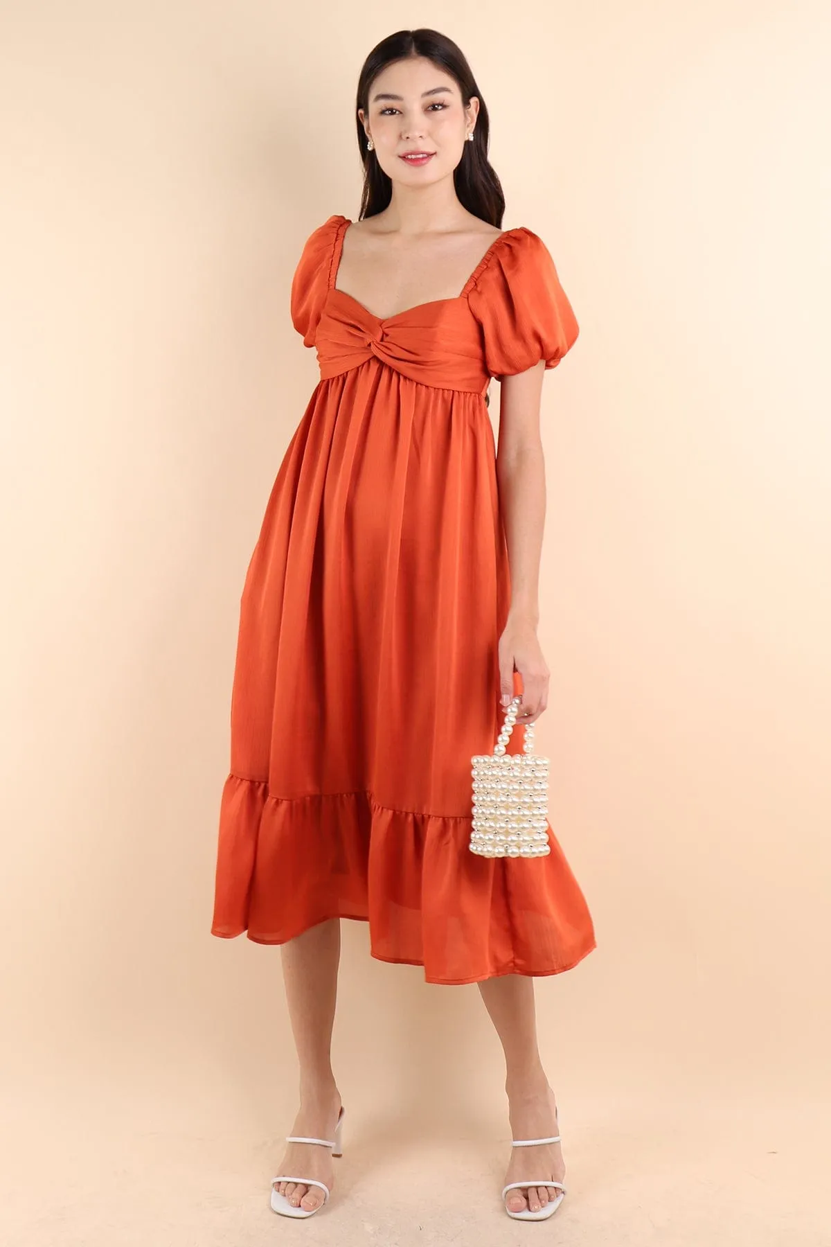 VALENTINA PUFF SLEEVE EMPIRE DRESS IN ORANGE