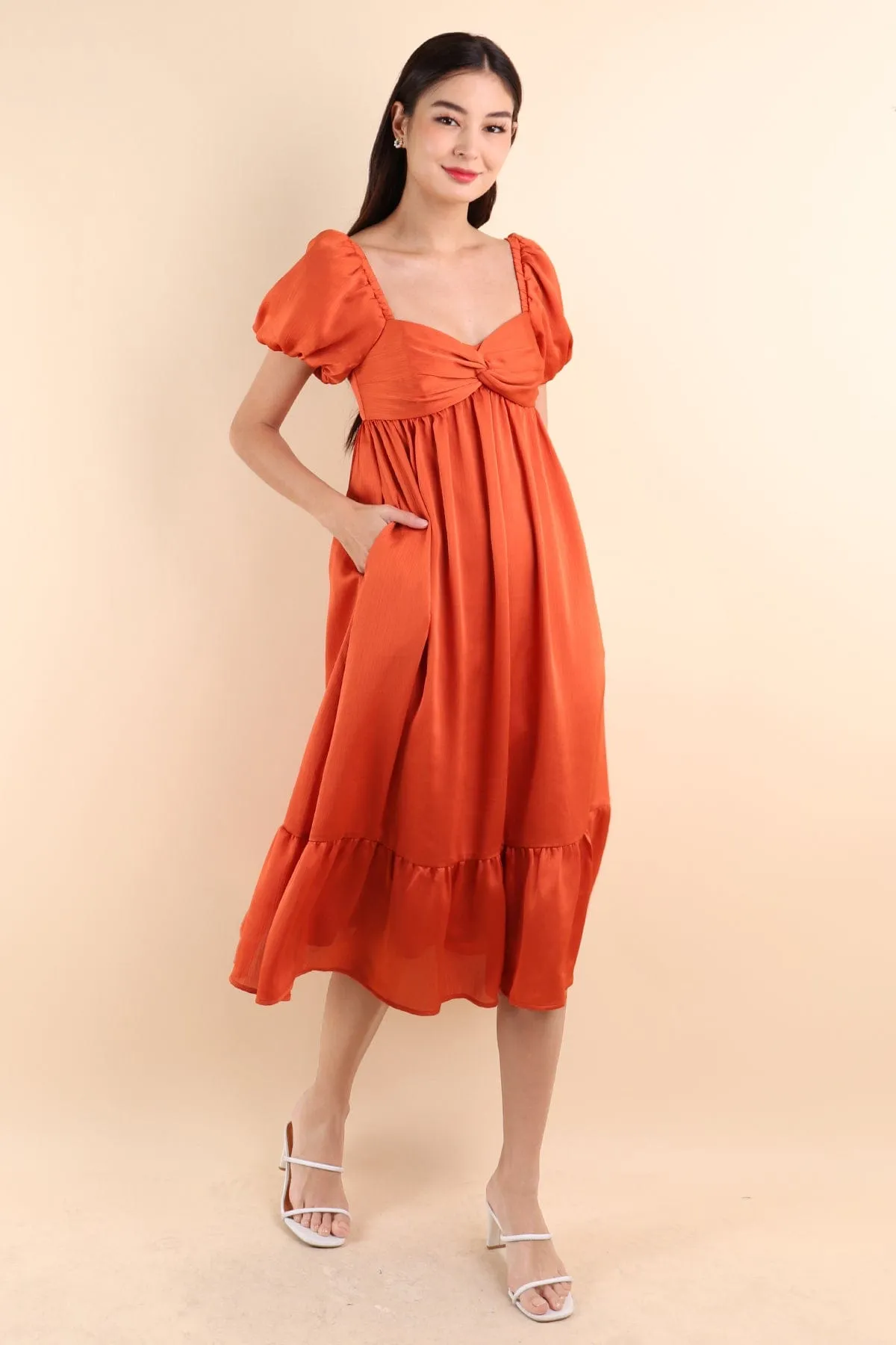 VALENTINA PUFF SLEEVE EMPIRE DRESS IN ORANGE