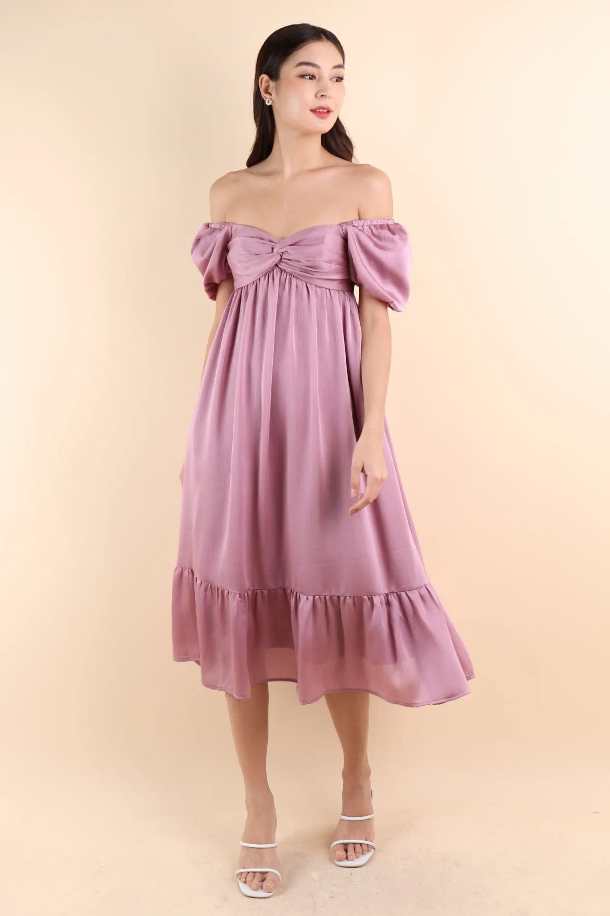 VALENTINA PUFF SLEEVE EMPIRE DRESS IN ROSE MAUVE