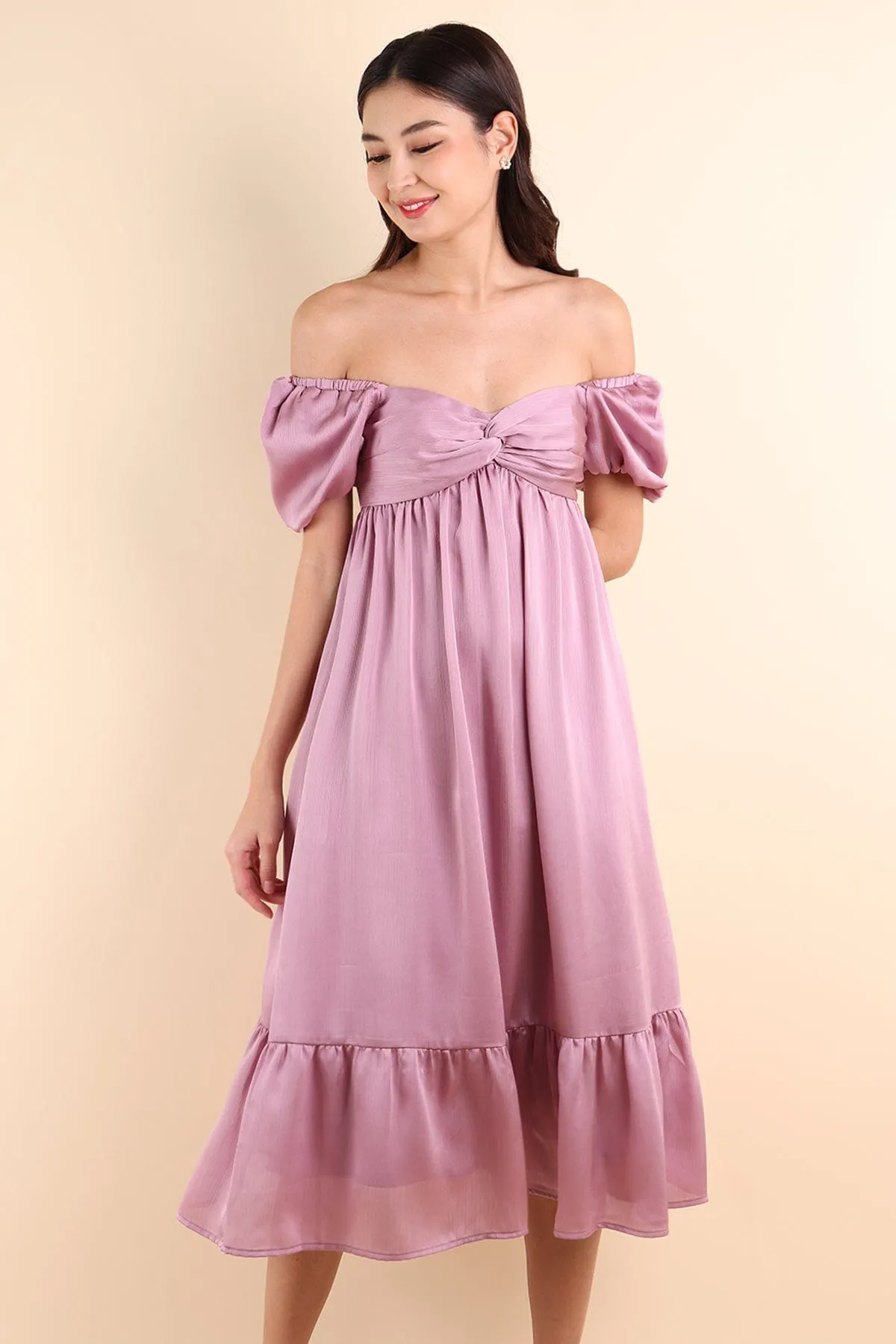 VALENTINA PUFF SLEEVE EMPIRE DRESS IN ROSE MAUVE