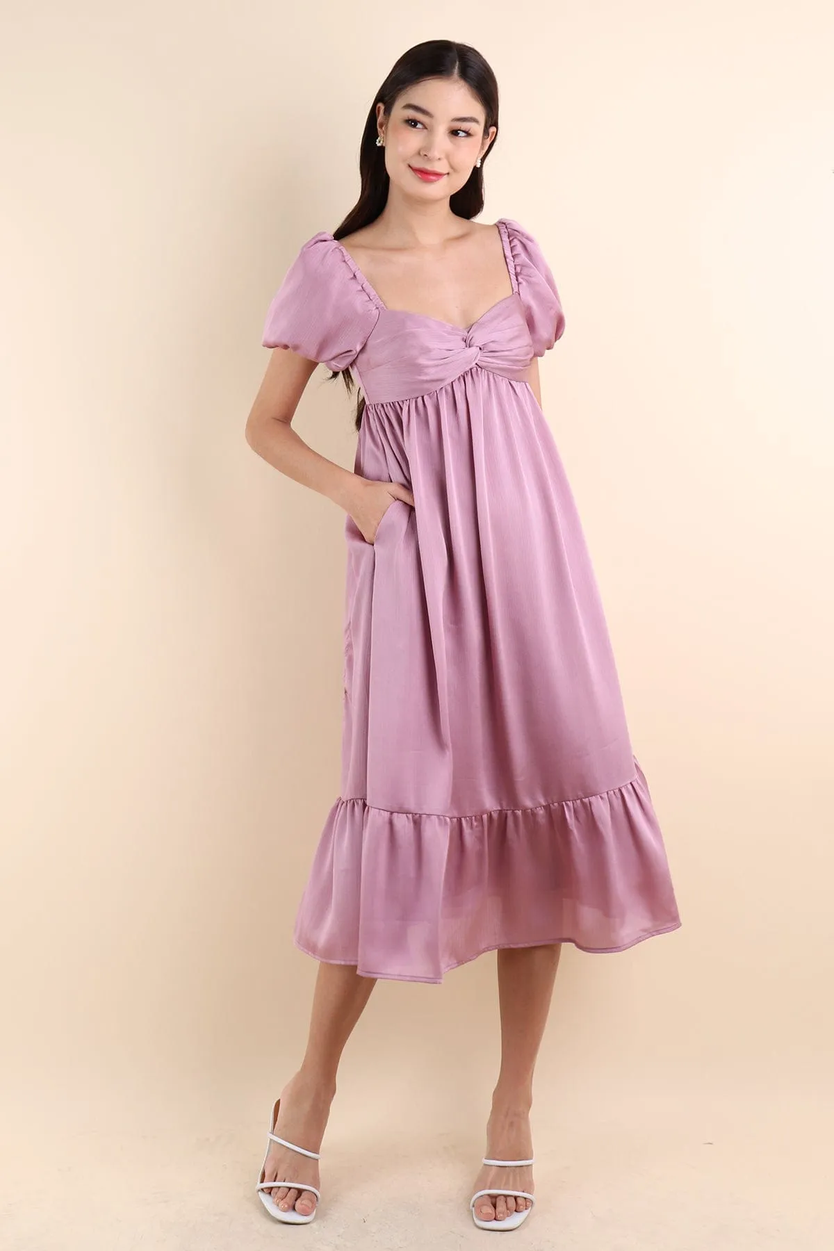 VALENTINA PUFF SLEEVE EMPIRE DRESS IN ROSE MAUVE