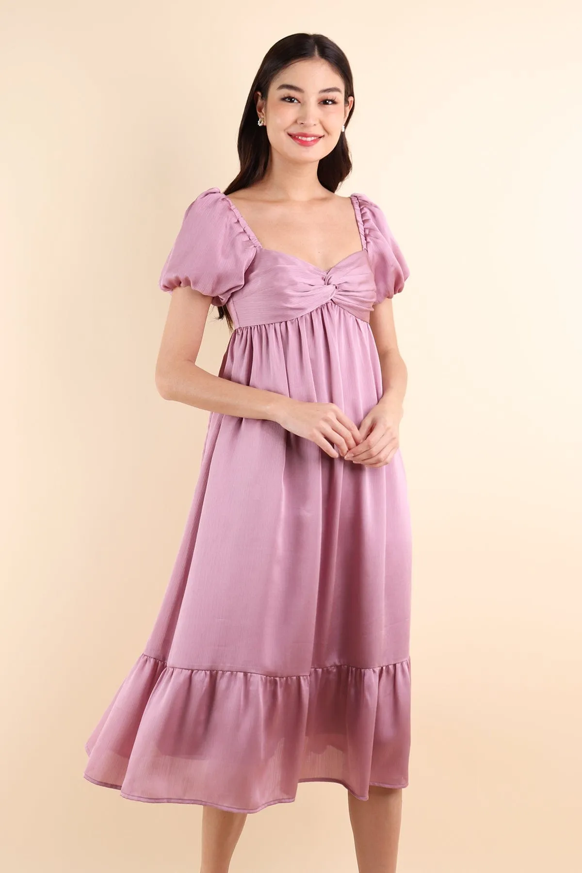 VALENTINA PUFF SLEEVE EMPIRE DRESS IN ROSE MAUVE