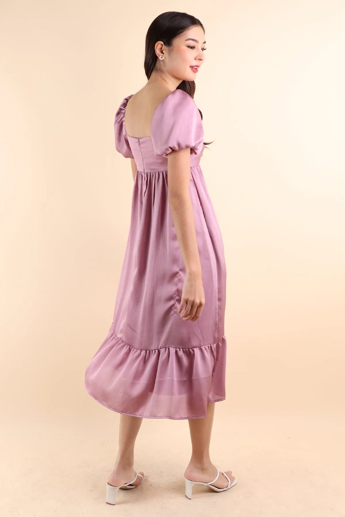 VALENTINA PUFF SLEEVE EMPIRE DRESS IN ROSE MAUVE