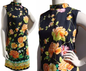 Vintage 70s Dress Janet Lynn Floral East Indian Border Print L