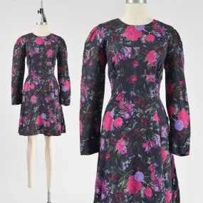 Vintage 90s Black Purple Floral Fit and Flare Empire Waist Puff Sleeve Dress size M