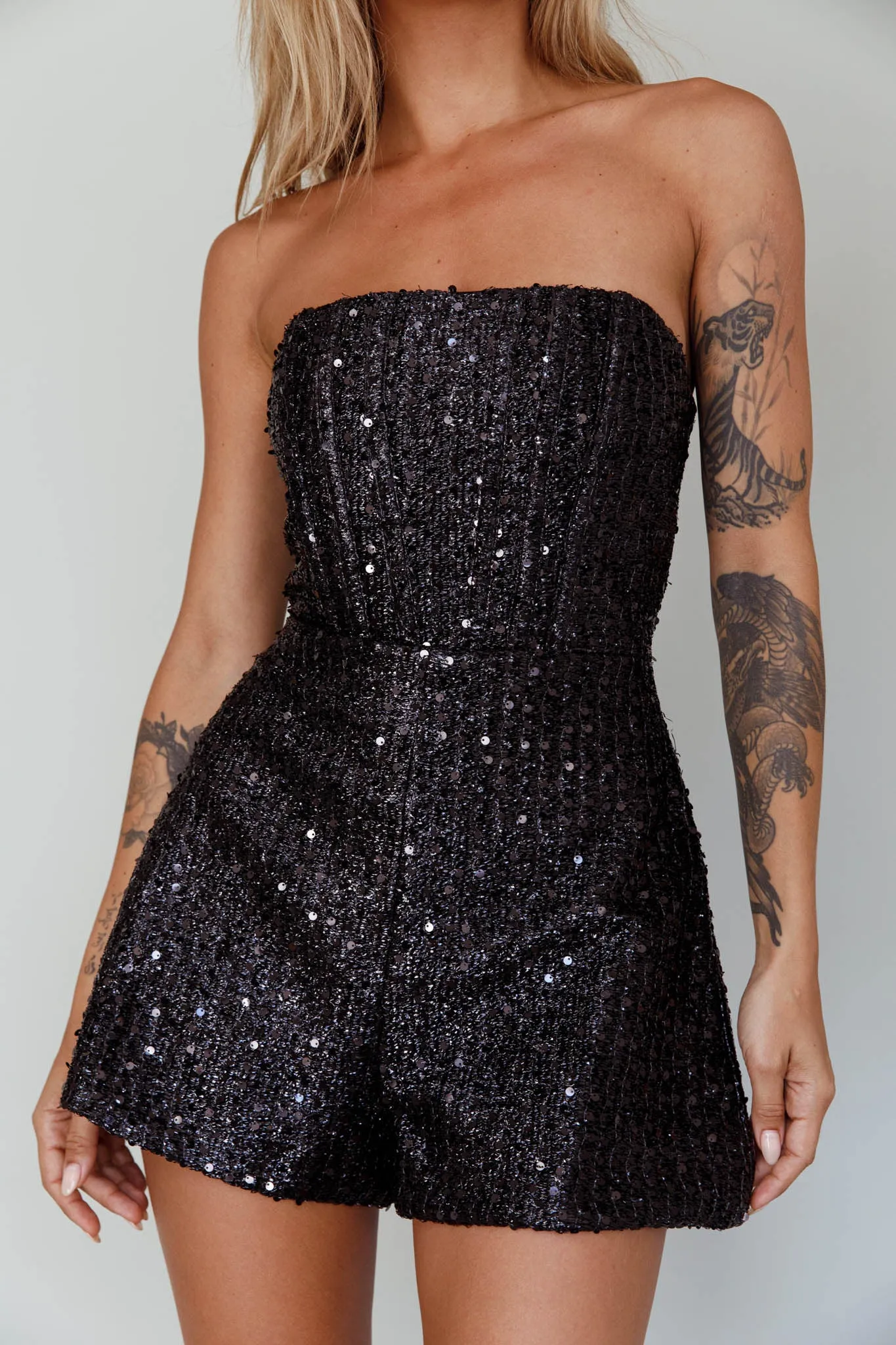 Vivid Dreams Strapless Sequin Romper Black