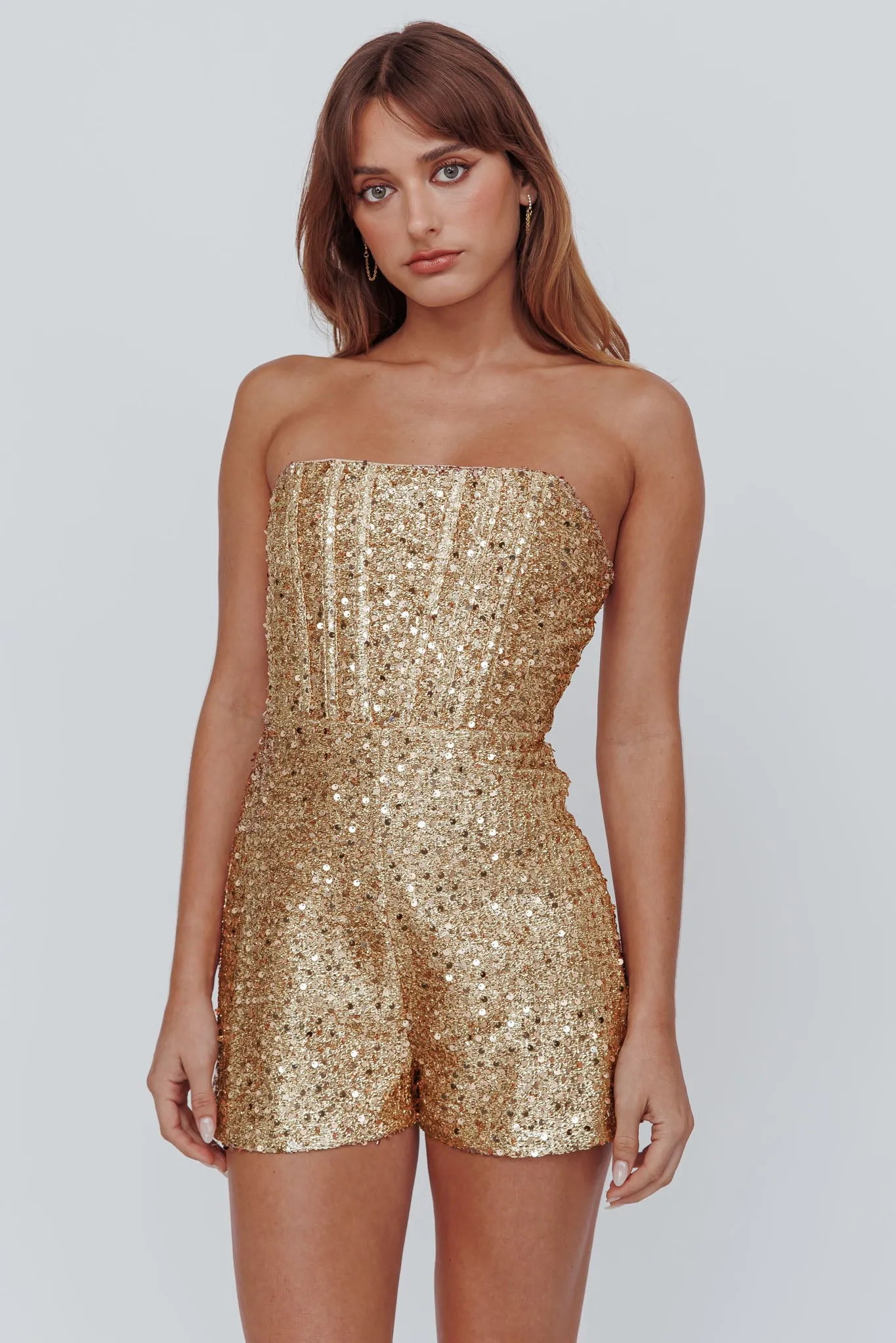 Vivid Dreams Strapless Sequin Romper Gold