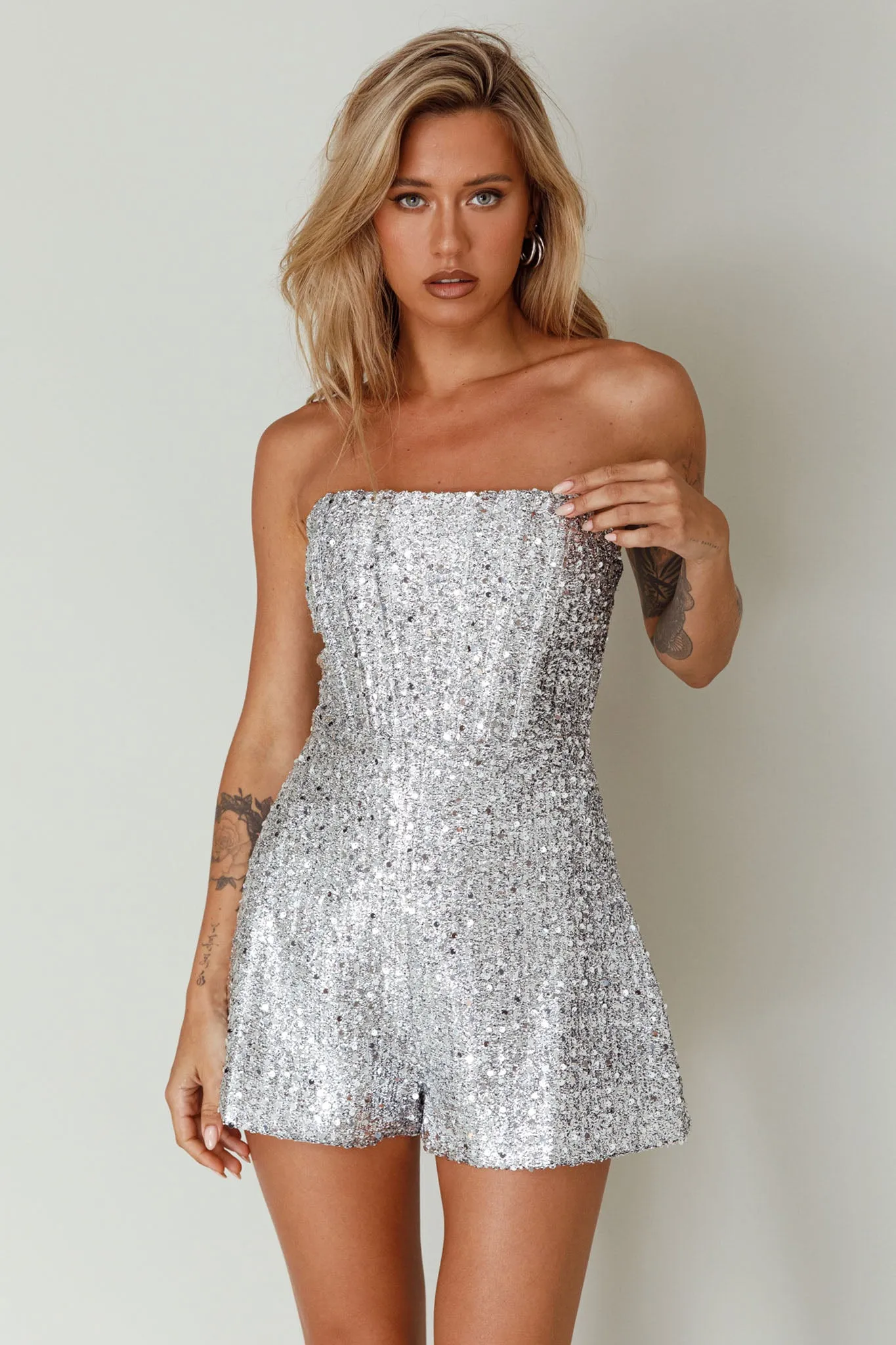 Vivid Dreams Strapless Sequin Romper Silver