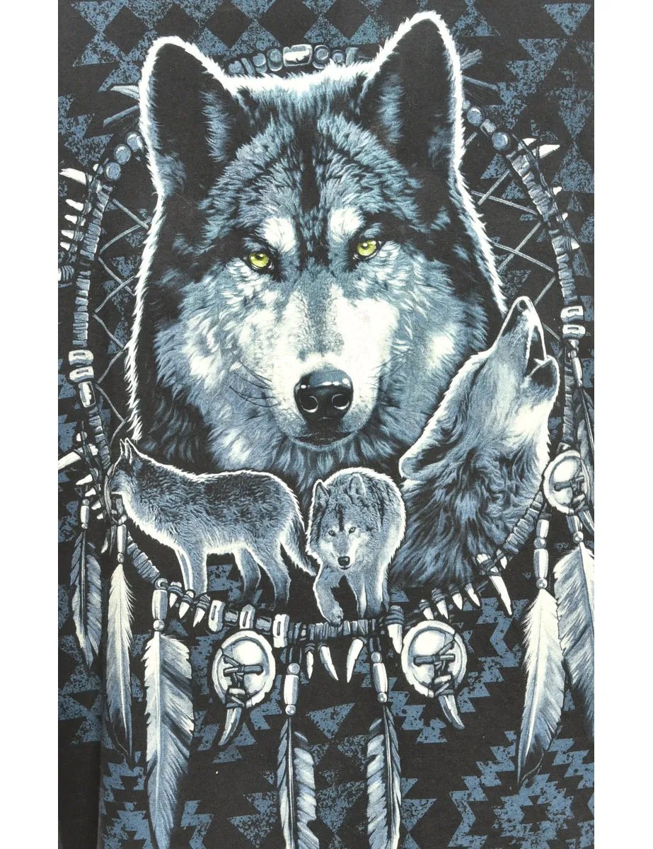 Wolf Print Black Animal T-shirt - M