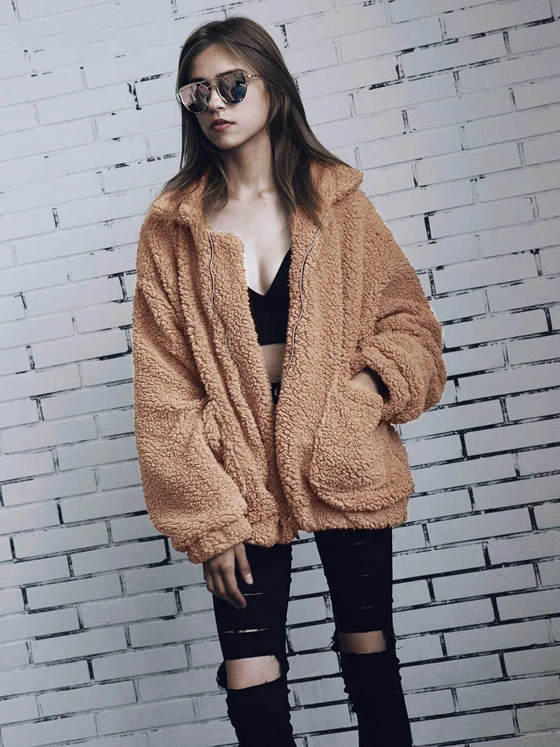 Women's Autumn/Winter Warm Plush Fleece Faux Shearling Fur Jacket