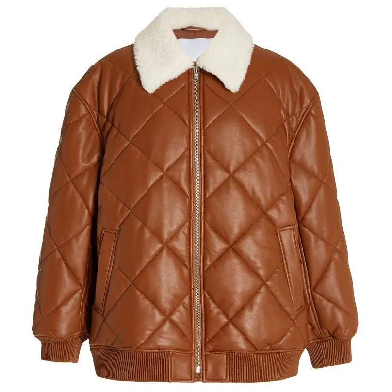 Womens Brown Puffer Leather Bomber Jacket in Fur Collar with Stylish Quilted