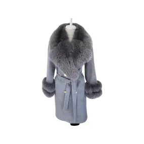 Women's DARK Grey Wool Coat with detachable Fox Collar and Cuffs  Trimmed Hood Style # K-10