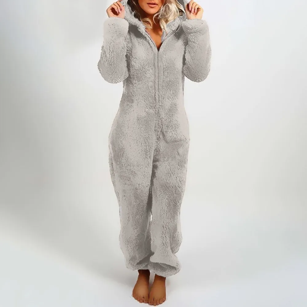 Women's Plush Romper Flannel Pajamas Long-sleeve Zipper