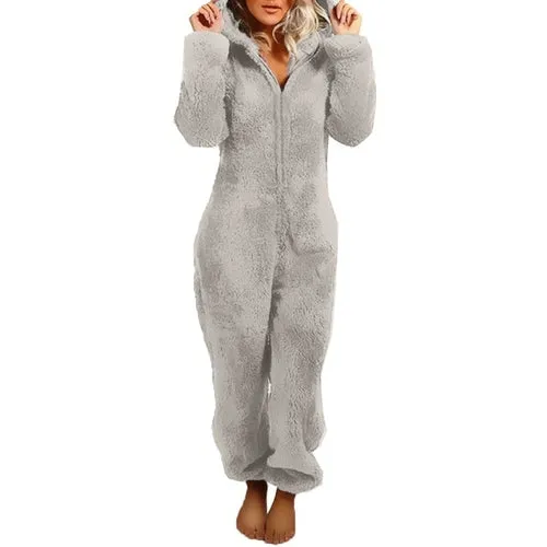 Women's Plush Romper Flannel Pajamas Long-sleeve Zipper