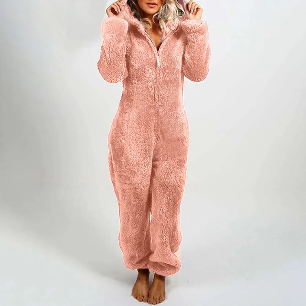 Women's Plush Romper Flannel Pajamas Long-sleeve Zipper