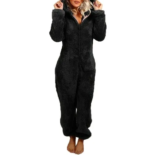 Women's Plush Romper Flannel Pajamas Long-sleeve Zipper